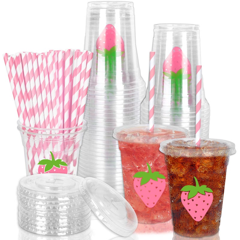 Whaline أكواب بلاستيكية قابلة للتصرف من واهلين 50 قطعة بتصميم فراولة مع أغطية وقشات 12 أونصة أكواب حفلات وردية لفواكه الصيف ومشروبات باردة لحفلة عيد الميلاد الأول الحلو - Image 1