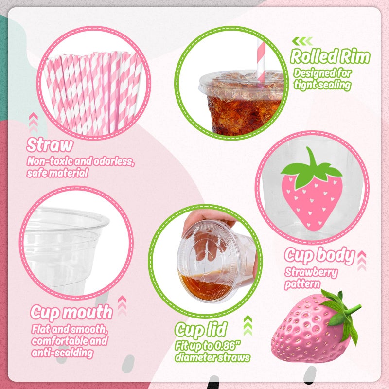 Whaline أكواب بلاستيكية قابلة للتصرف من واهلين 50 قطعة بتصميم فراولة مع أغطية وقشات 12 أونصة أكواب حفلات وردية لفواكه الصيف ومشروبات باردة لحفلة عيد الميلاد الأول الحلو - Image 3