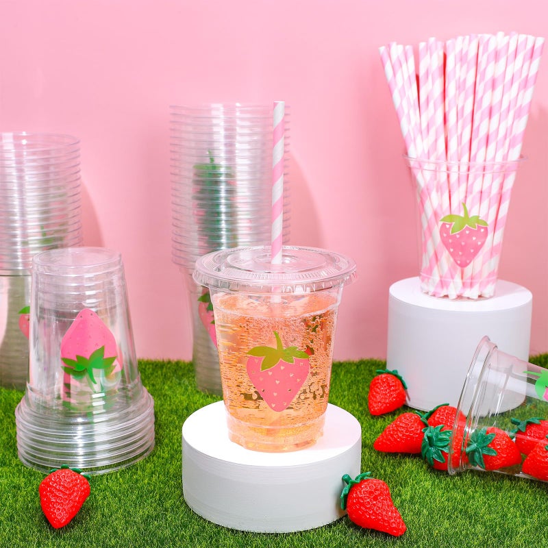 Whaline أكواب بلاستيكية قابلة للتصرف من واهلين 50 قطعة بتصميم فراولة مع أغطية وقشات 12 أونصة أكواب حفلات وردية لفواكه الصيف ومشروبات باردة لحفلة عيد الميلاد الأول الحلو - Image 4