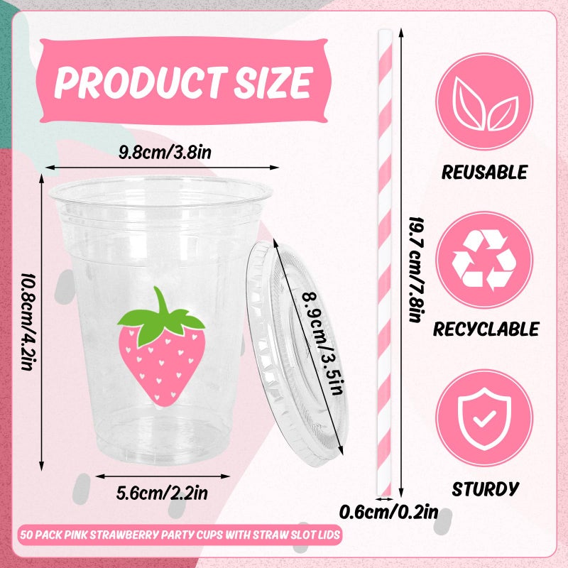 Whaline أكواب بلاستيكية قابلة للتصرف من واهلين 50 قطعة بتصميم فراولة مع أغطية وقشات 12 أونصة أكواب حفلات وردية لفواكه الصيف ومشروبات باردة لحفلة عيد الميلاد الأول الحلو - Image 2