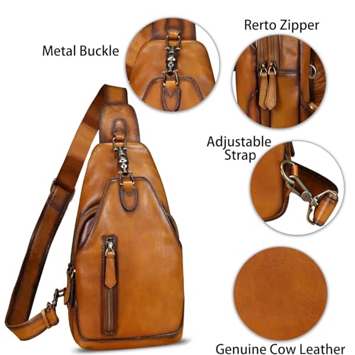 LRTO Genuine Leather Sling Bag Crossbody Purse Motorcycle Bag Handmade Hiking Daypack Retro Shoulder Backpack Vintage Chest Bag (Brown) - Image 5
