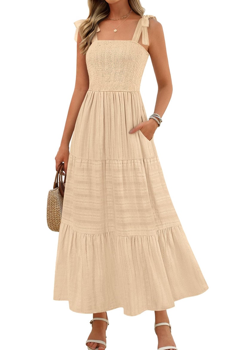 MEROKEETY Womens Summer Boho Maxi Dress Beach Vacation Casual Smocked A Line Sundress with Pockets Apricot Medium
