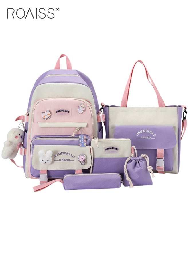 roaiss 5 PCS Set of Kid Backpack Fashion Children's New Oxford Cloth Schoolbag Girls Junior High School Student Bag Large Capacity with Pendant Lunch Bag Pencil Case Handbag Coin Purse for Teenagers Lightweight  - Image 3