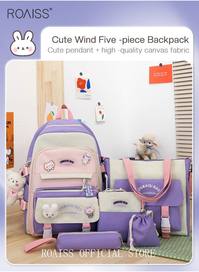 roaiss - 5 PCS Set of Kid Backpack Fashion Children's New Oxford Cloth Schoolbag Girls Junior High School Student Bag Large Capacity with Pendant Lunch Bag Pencil Case Handbag Coin Purse for Teenagers - Image 1