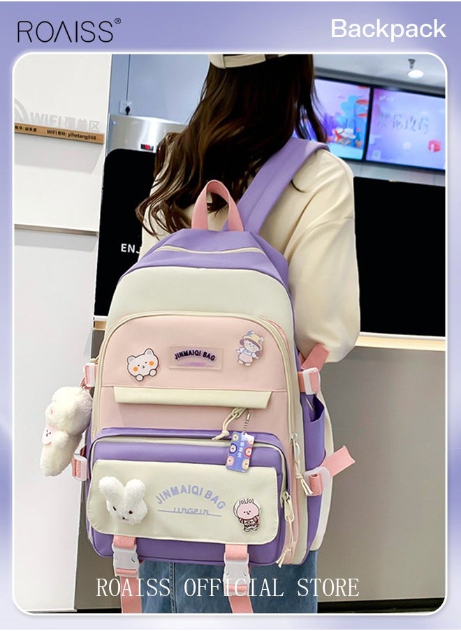roaiss - 5 PCS Set of Kid Backpack Fashion Children's New Oxford Cloth Schoolbag Girls Junior High School Student Bag Large Capacity with Pendant Lunch Bag Pencil Case Handbag Coin Purse for Teenagers - Image 1