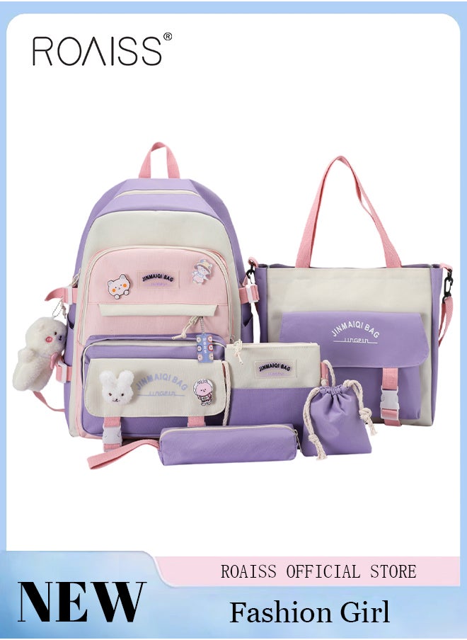 roaiss - 5 PCS Set of Kid Backpack Fashion Children's New Oxford Cloth Schoolbag Girls Junior High School Student Bag Large Capacity with Pendant Lunch Bag Pencil Case Handbag Coin Purse for Teenagers - Image 1