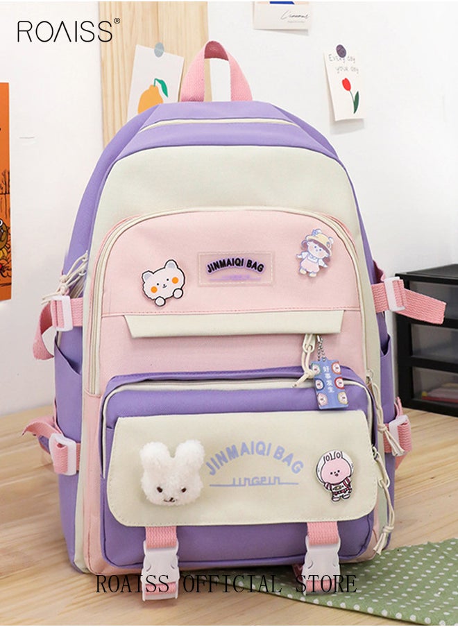 roaiss - 5 PCS Set of Kid Backpack Fashion Children's New Oxford Cloth Schoolbag Girls Junior High School Student Bag Large Capacity with Pendant Lunch Bag Pencil Case Handbag Coin Purse for Teenagers - Image 1