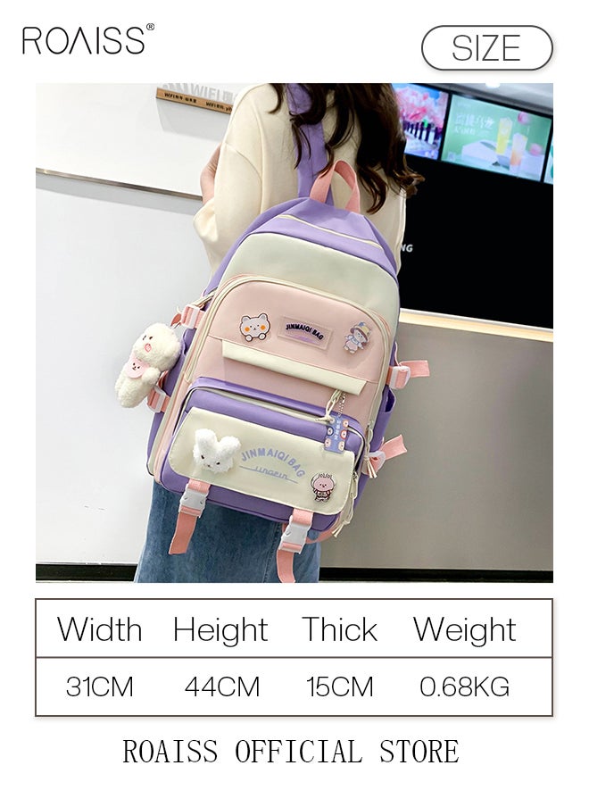 roaiss - 5 PCS Set of Kid Backpack Fashion Children's New Oxford Cloth Schoolbag Girls Junior High School Student Bag Large Capacity with Pendant Lunch Bag Pencil Case Handbag Coin Purse for Teenagers - Image 1