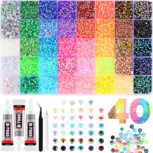 Zefy 40000 Pcs Resin Jelly Rhinestones for Bedazzling 40 Colors 3mm Flatback Gems for Crafting Bedazzling Kit with 3Pcs B7000 Glue for Clothing Shoes Nail Book Diamond Art - Image 1