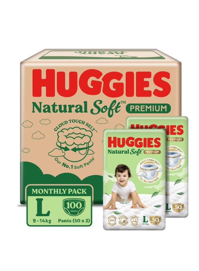 Huggies Natural Soft Premium Baby Diaper Pants, Our No.1 Soft Pants, Large (L) Size (9-14 Kgs), Monthly Pack of 100 diapers | Cloud Softness All over with India's 1st Cloud Touch BeltTM (50 Count, Pack of 2) - Image 1