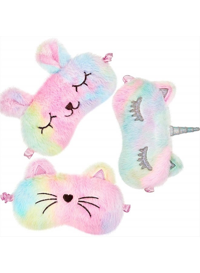 Geyoga Sleep Mask for Kids, Plush Sleeping Eye Cover 3 Pcs Soft Funny Blindfold Sleep Eye Cover Animal Sleeping Eye Shade for Kids Girls(Rainbow Color, Bunny, Cat and Unicorn Style) - Image 1