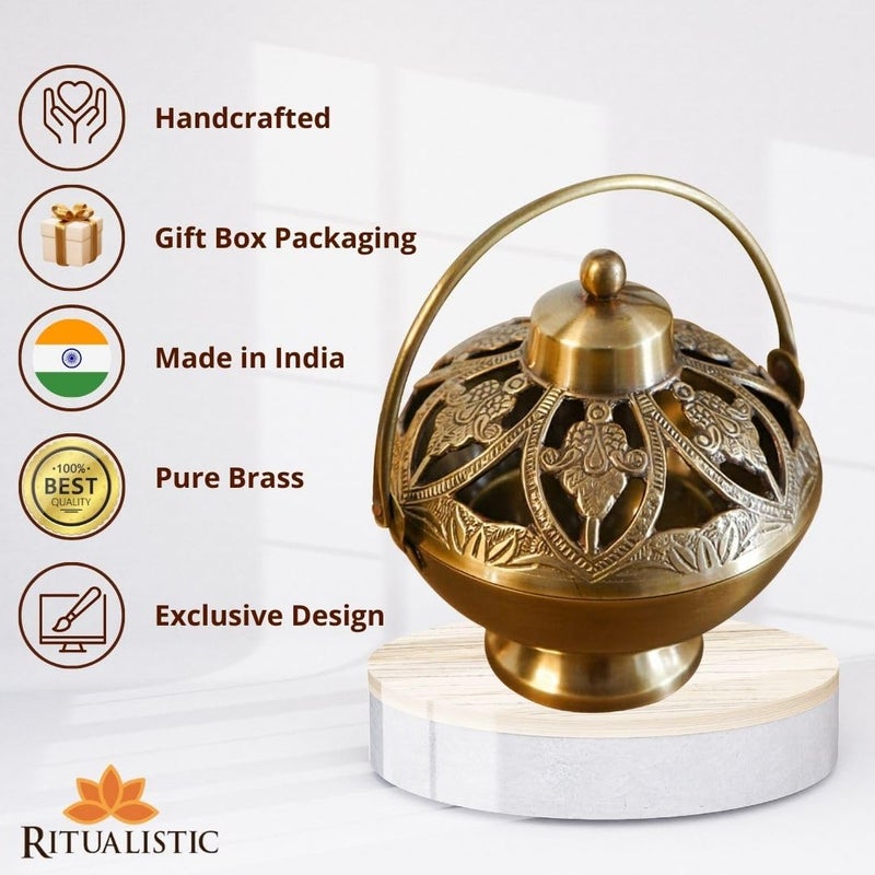 Ritualistic Vintage Brass Loban Lamp Gold Style for Dhoop Holder and Candle Light Incense Burner Dhoop Dani Pooja Items Antique Lantern Dhoop Batti Stand Sambrani Holder - Image 2