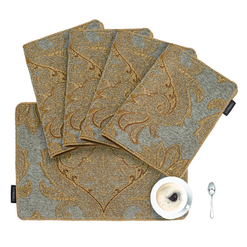 Loom and Mill Luxury Chenille Placemats  Set of 4 Modern Damask Jacquard Table Place Mats for Dining Table Kitchen Holiday Banquet Decorations  Double-Layer Dining Table Mats(Blue Gold 12x18in) - Image 2