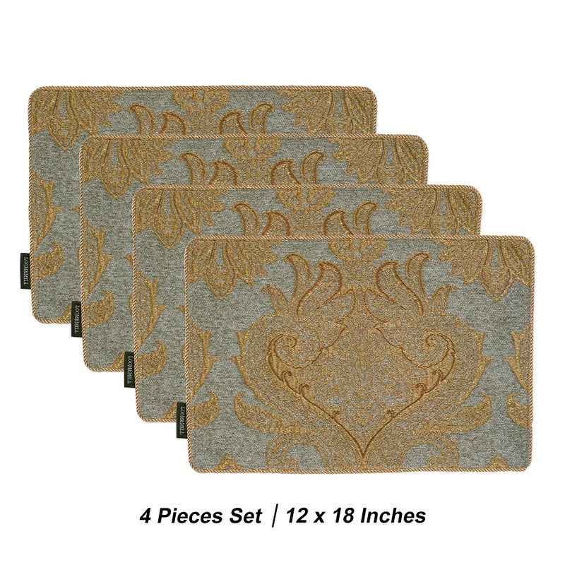 Loom and Mill Luxury Chenille Placemats  Set of 4 Modern Damask Jacquard Table Place Mats for Dining Table Kitchen Holiday Banquet Decorations  Double-Layer Dining Table Mats(Blue Gold 12x18in) - Image 5