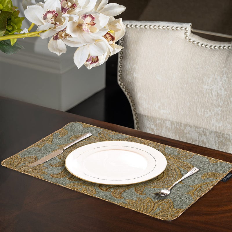 Loom and Mill Luxury Chenille Placemats  Set of 4 Modern Damask Jacquard Table Place Mats for Dining Table Kitchen Holiday Banquet Decorations  Double-Layer Dining Table Mats(Blue Gold 12x18in) - Image 3