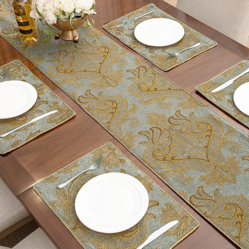 Loom and Mill Luxury Chenille Placemats  Set of 4 Modern Damask Jacquard Table Place Mats for Dining Table Kitchen Holiday Banquet Decorations  Double-Layer Dining Table Mats(Blue Gold 12x18in) - Image 4