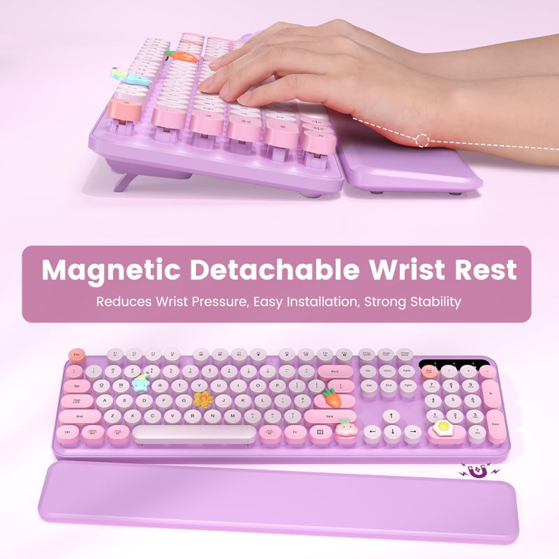 SABLUTE Wireless Keyboard and Mouse Combo-Round Keycaps, Full-Size Retro Typewriter Keyboard with Detachable Wrist Rest, Sleep Mode & Tilt Legs, 2.4GHz Cordless Connection for Mac/Windows/PC (Lavender Purple) - Image 2