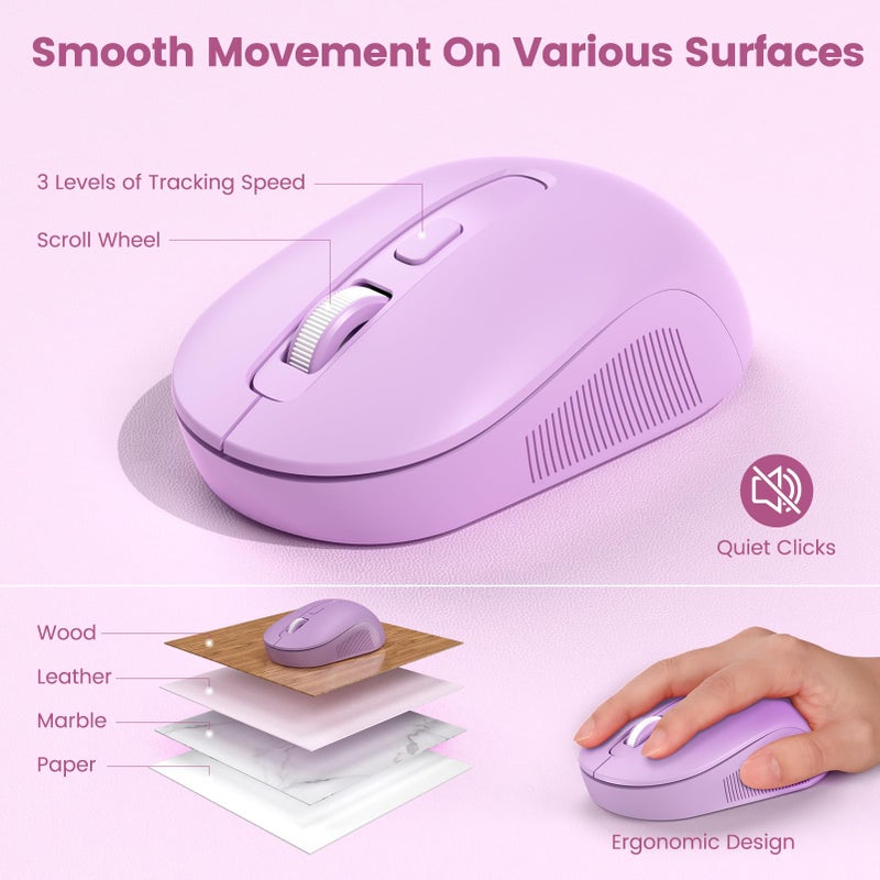 SABLUTE Wireless Keyboard and Mouse Combo-Round Keycaps, Full-Size Retro Typewriter Keyboard with Detachable Wrist Rest, Sleep Mode & Tilt Legs, 2.4GHz Cordless Connection for Mac/Windows/PC (Lavender Purple) - Image 4