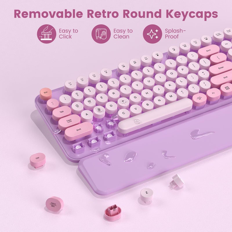 SABLUTE Wireless Keyboard and Mouse Combo-Round Keycaps, Full-Size Retro Typewriter Keyboard with Detachable Wrist Rest, Sleep Mode & Tilt Legs, 2.4GHz Cordless Connection for Mac/Windows/PC (Lavender Purple) - Image 5