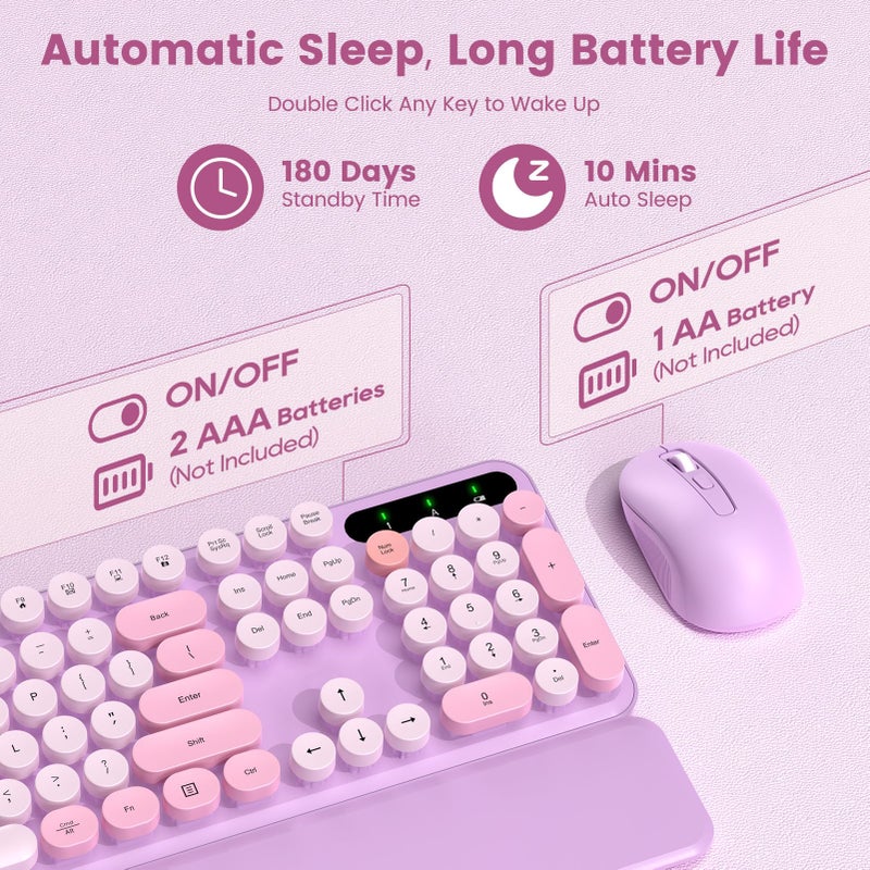 SABLUTE Wireless Keyboard and Mouse Combo-Round Keycaps, Full-Size Retro Typewriter Keyboard with Detachable Wrist Rest, Sleep Mode & Tilt Legs, 2.4GHz Cordless Connection for Mac/Windows/PC (Lavender Purple) - Image 3