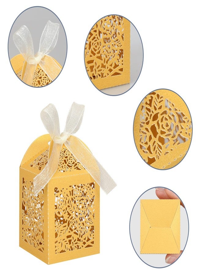 DOYIDE 50pcs Laser Cut Favor boxes, Wedding Favors Candy Boxes with Ribbons and Tags, Small Gift Boxes for Wedding,Party,Baby Shower,Bridal Shower (50-2x2x2.76, Gold) - Image 5