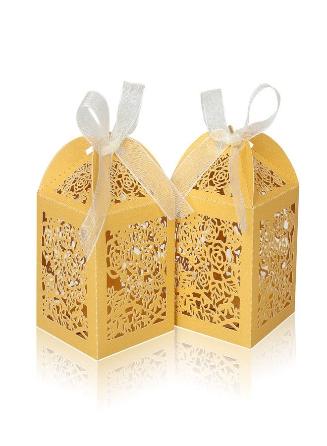 DOYIDE 50pcs Laser Cut Favor boxes, Wedding Favors Candy Boxes with Ribbons and Tags, Small Gift Boxes for Wedding,Party,Baby Shower,Bridal Shower (50-2x2x2.76, Gold) - Image 1