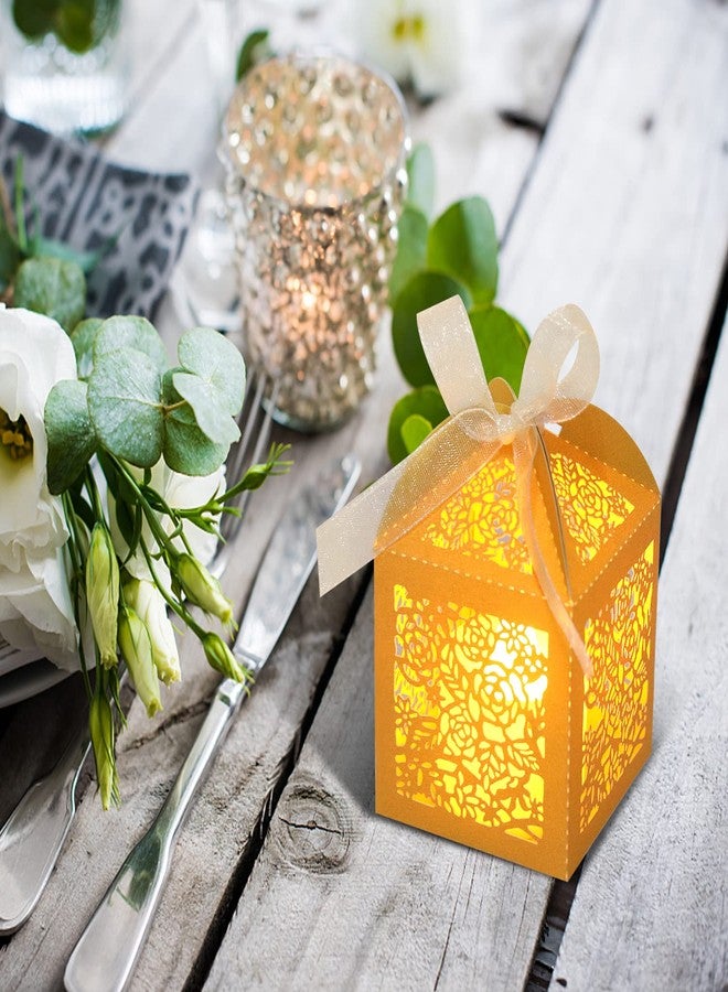 DOYIDE 50pcs Laser Cut Favor boxes, Wedding Favors Candy Boxes with Ribbons and Tags, Small Gift Boxes for Wedding,Party,Baby Shower,Bridal Shower (50-2x2x2.76, Gold) - Image 2