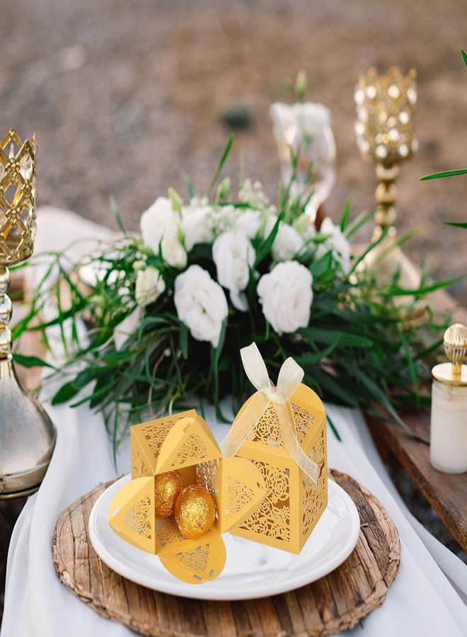 DOYIDE 50pcs Laser Cut Favor boxes, Wedding Favors Candy Boxes with Ribbons and Tags, Small Gift Boxes for Wedding,Party,Baby Shower,Bridal Shower (50-2x2x2.76, Gold) - Image 3