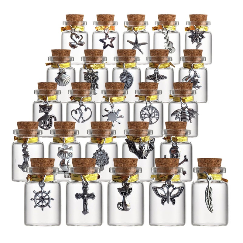 MINELEVEN 25 pcs 5ml Small Glass Bottles with Cork Stoppers and Pendants, Glass Vials Tiny Jars for Wedding Favors Party Gift Room Decoration DIY Bottles - Image 1