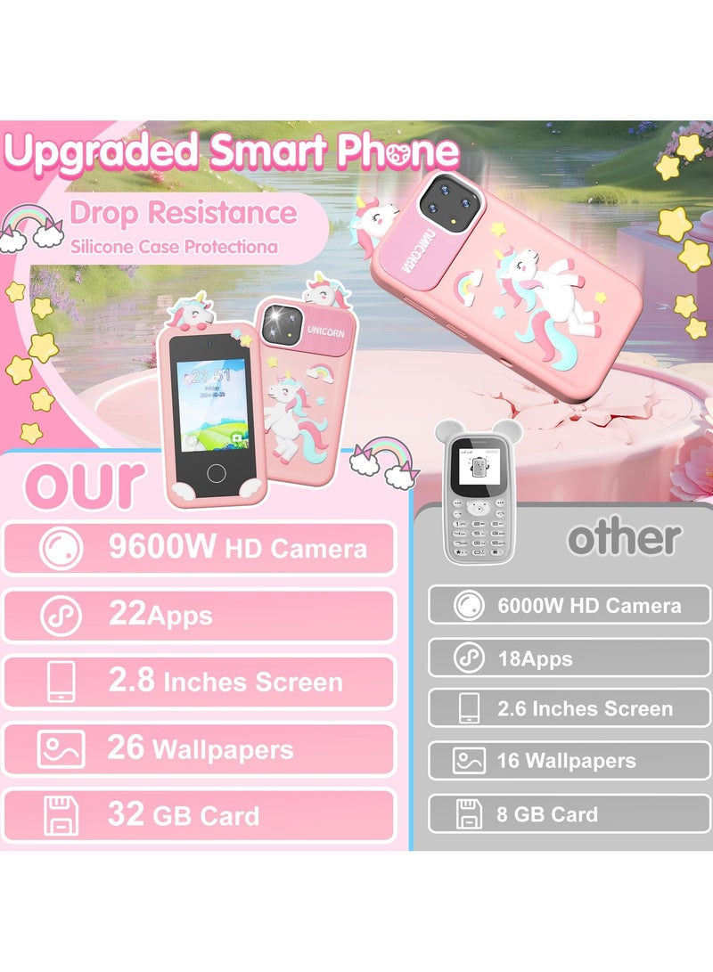 Mr. Penda Kids Smart Phone Toys with Case, Dual Camera Travel Toys Educational Games, 2.8" Touchscreen 22 Learning Games Music Player, 32g Sd Card, Gifts for 3+ Year Old Girls Boys (Pink) - Image 3