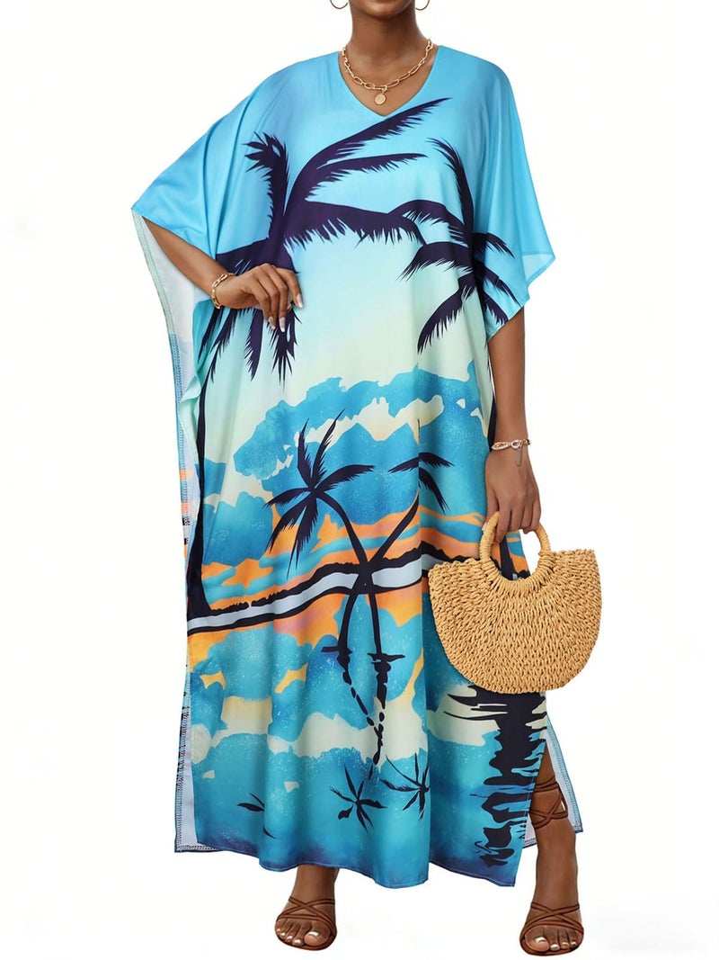 JILUVIN Kaftan Dresses for Women Plus Size V Neck Caftan Long Batwing Sleeve Swimsuit Cover Up Beach Swimwear (Blue Coconut Tree,One Size)