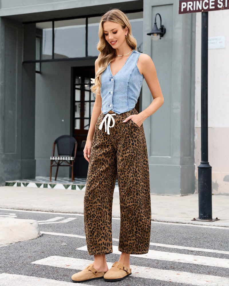 Vetinee Womens Jeans Wide Leg High Waist Wide Leg Jeans for Women Womens Loose Pants Cheetah Print Pull On Pants Brown Cheetah X-Large - Image 4