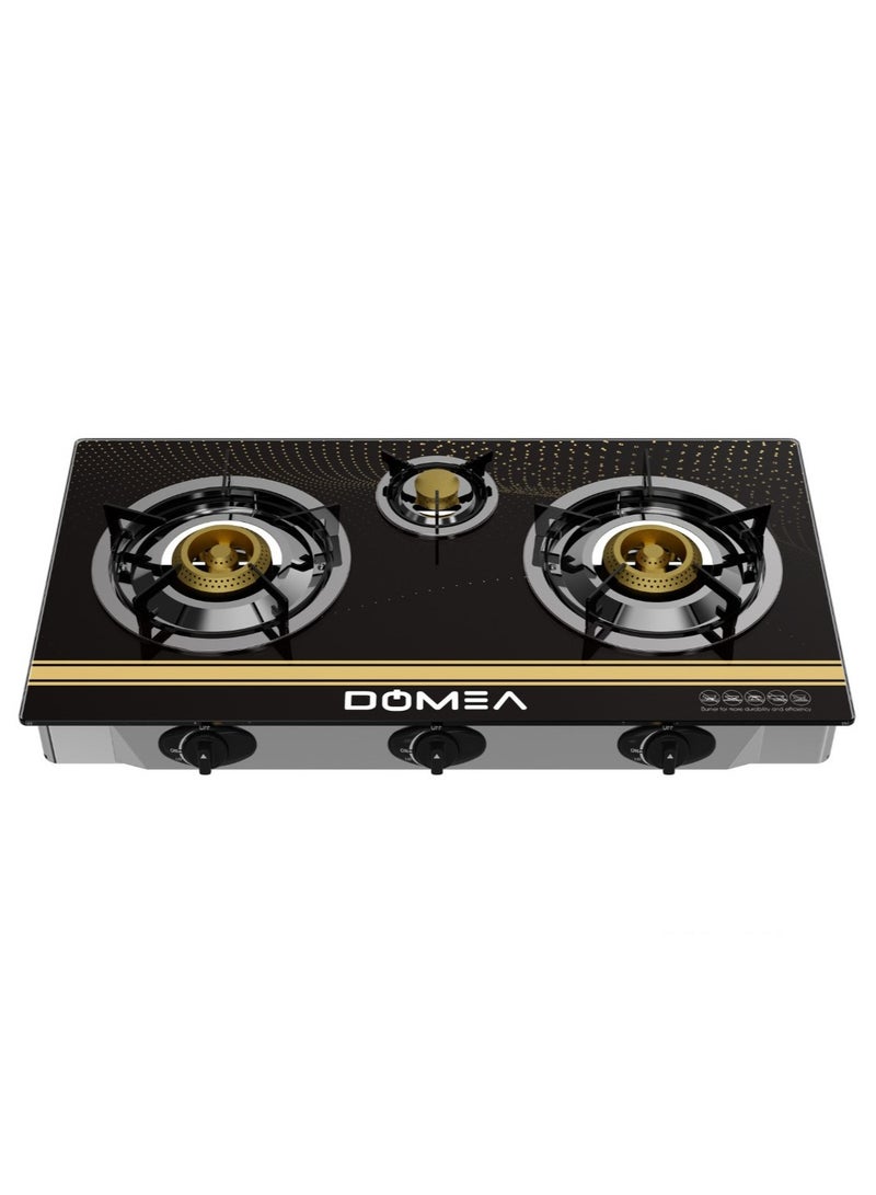 DOMEA 3-Burner Gas Stove with Auto Ignition, Portable Tabletop Stove with Tempered Glass Top, Cast Iron Burners & Sturdy Pot Holders – Ideal for Home, Apartment, Kitchen, Camping & Outdoor Parties - Image 1
