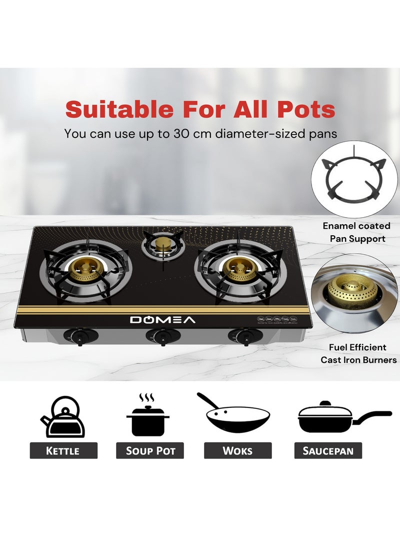 DOMEA 3-Burner Gas Stove with Auto Ignition, Portable Tabletop Stove with Tempered Glass Top, Cast Iron Burners & Sturdy Pot Holders – Ideal for Home, Apartment, Kitchen, Camping & Outdoor Parties - Image 4