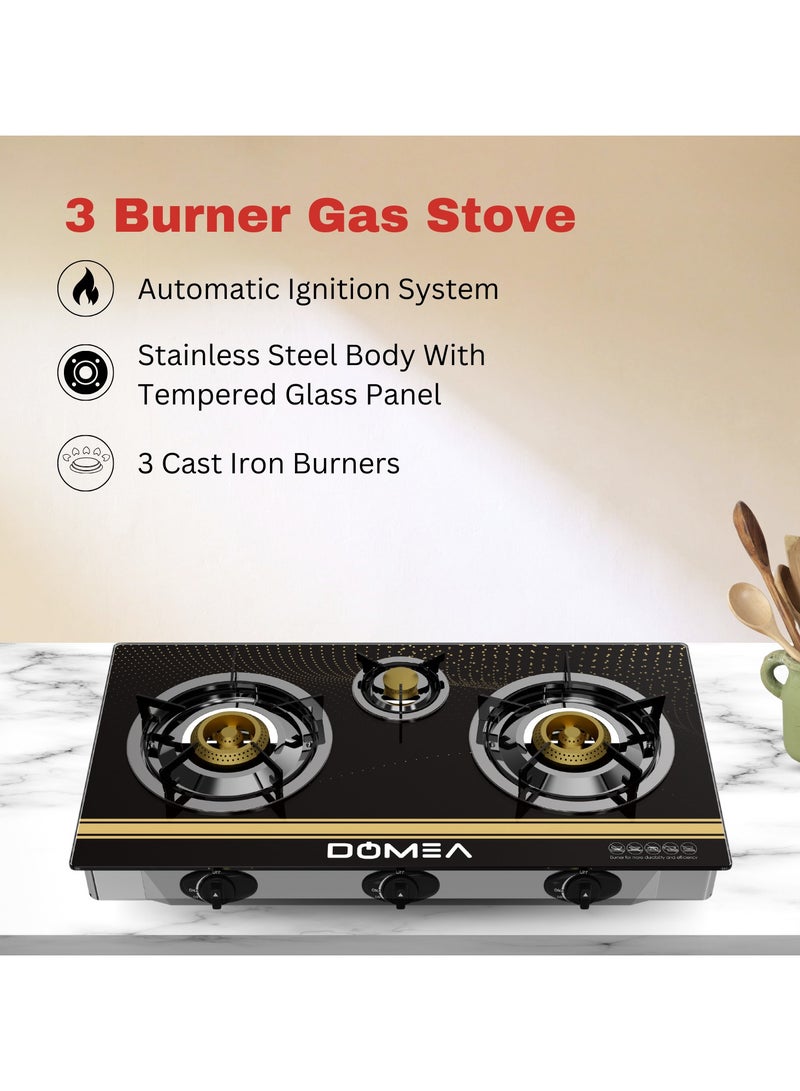 DOMEA 3-Burner Gas Stove with Auto Ignition, Portable Tabletop Stove with Tempered Glass Top, Cast Iron Burners & Sturdy Pot Holders – Ideal for Home, Apartment, Kitchen, Camping & Outdoor Parties - Image 2