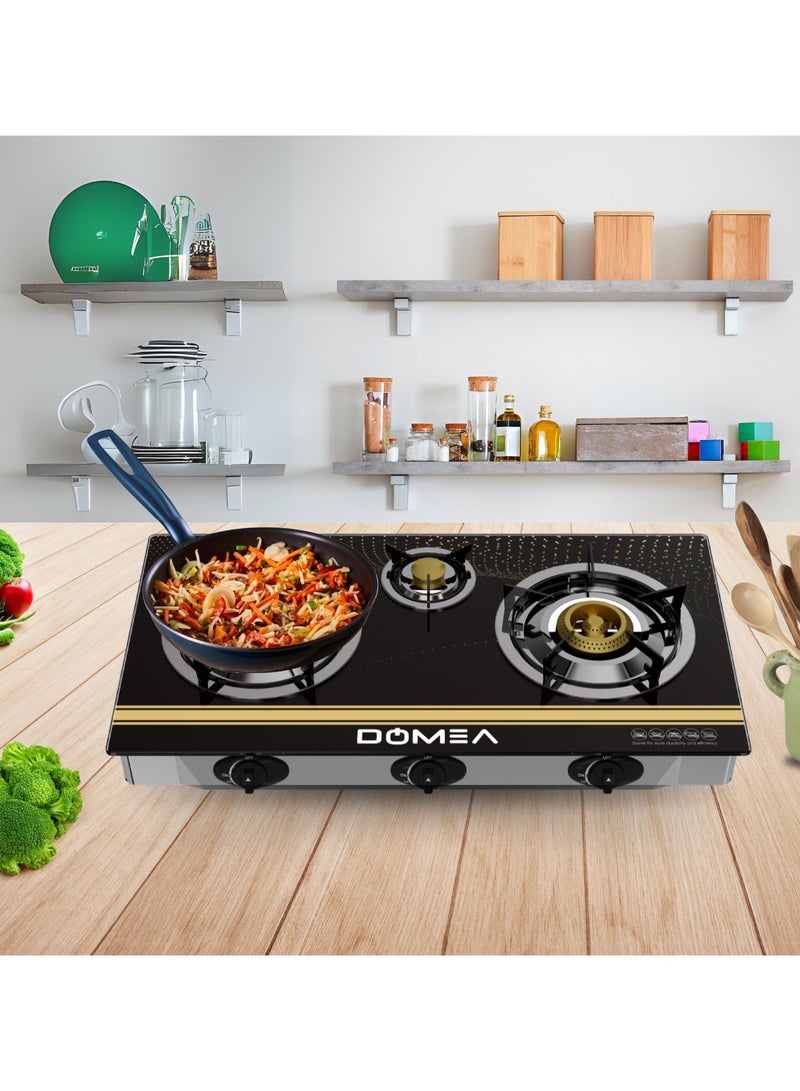 DOMEA 3-Burner Gas Stove with Auto Ignition, Portable Tabletop Stove with Tempered Glass Top, Cast Iron Burners & Sturdy Pot Holders – Ideal for Home, Apartment, Kitchen, Camping & Outdoor Parties - Image 3