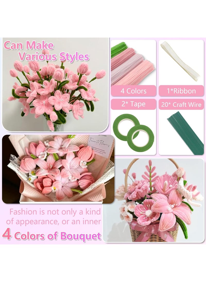 saykfoe 400 Pcs Pipe Cleaners Craft, 4 Assorted Colors Pipe Cleaners Bulk, Chenille Stems for DIY Flower Making Kit with Floral Wires, Gardening Tape,Stamen& Ribbon - Image 2