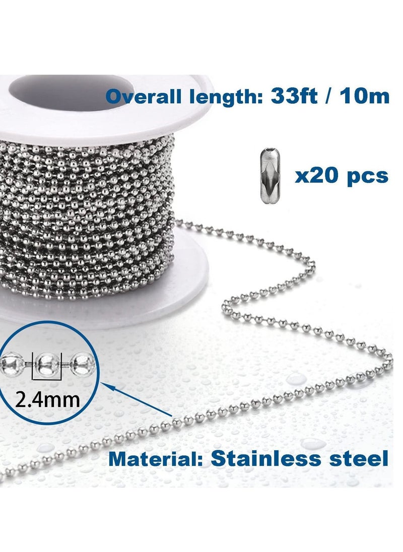 Excefore - Ball Bead Chain, 10 Meters Stainless Steel Chains Necklace with 20pcs Connectors Clasps, for Jewelry Making Bracelet Military Crafts, Silver Metal Pull Chain Small Roll - Image 1