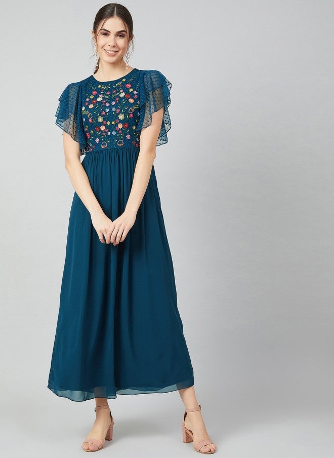 Athena Blue Embroidered Maxi Dress for Women - Image 1