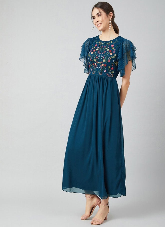 Athena Blue Embroidered Maxi Dress for Women - Image 4
