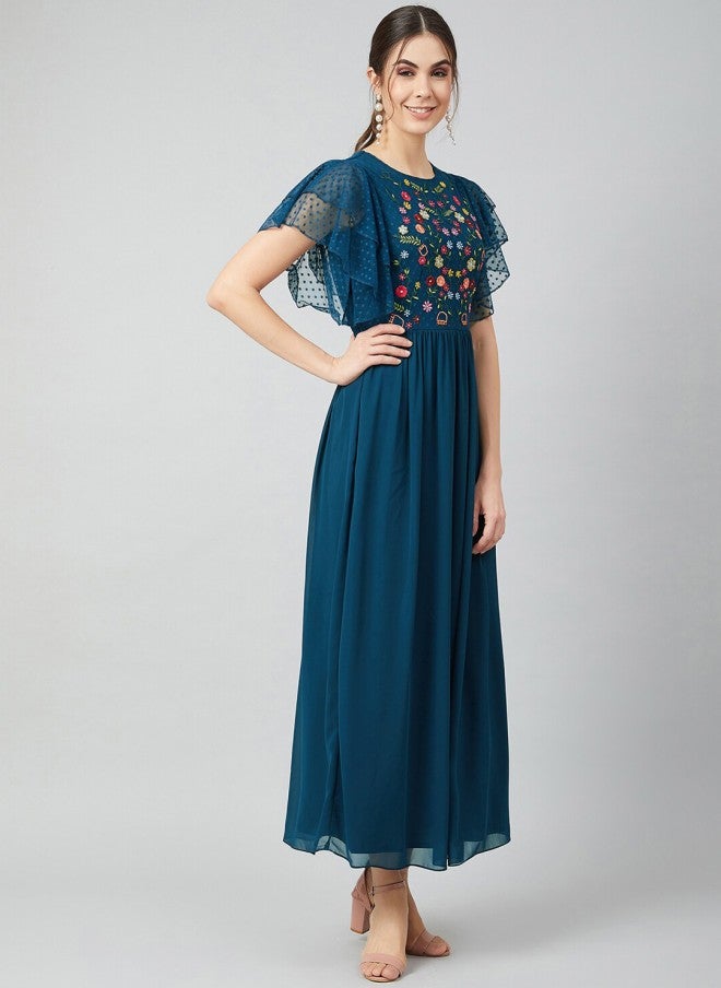 Athena Blue Embroidered Maxi Dress for Women - Image 3