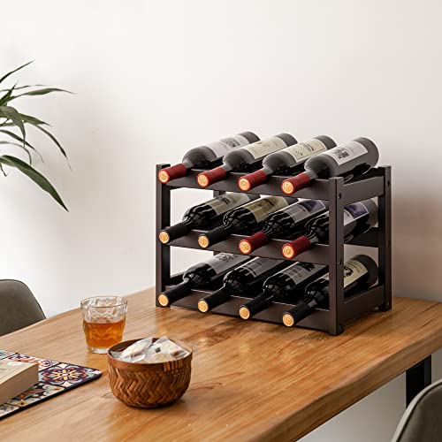 VASMIA Bamboo Wine Rack, Sturdy and Durable Wine Storage Cabinet Shelf, Wine Racks Countertop for Pantry,Kitchen,3-Tier 12 Bottles Wine Rack Brown - Image 3