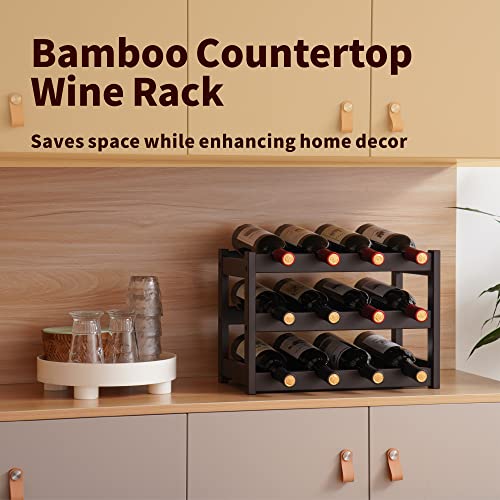 VASMIA Bamboo Wine Rack, Sturdy and Durable Wine Storage Cabinet Shelf, Wine Racks Countertop for Pantry,Kitchen,3-Tier 12 Bottles Wine Rack Brown - Image 2