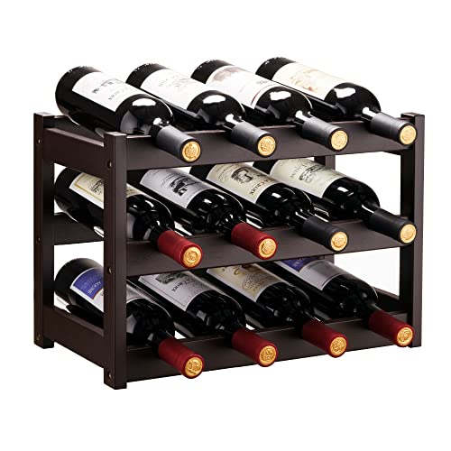 VASMIA Bamboo Wine Rack, Sturdy and Durable Wine Storage Cabinet Shelf, Wine Racks Countertop for Pantry,Kitchen,3-Tier 12 Bottles Wine Rack Brown - Image 1