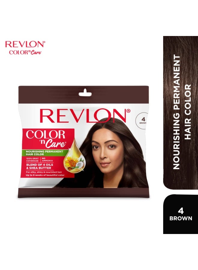 REVLON Color 'n Care NOURISHING PERMANENT HAIR COLOR - 4 Brown - Has essentials oils of Coconut Argan, Sunflower & Jojoba oil, along with shea butter - Sachet - Image 3
