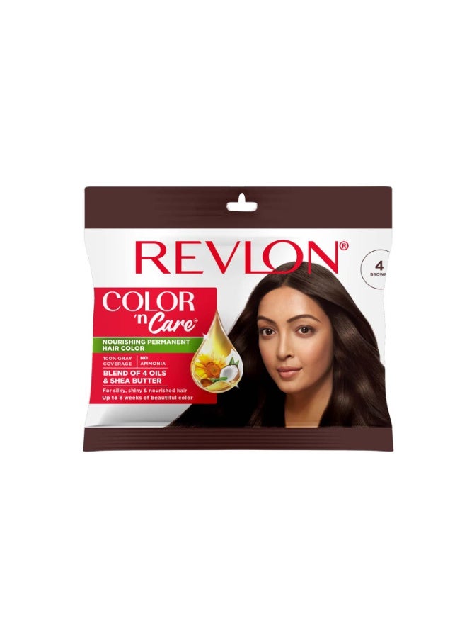REVLON Color 'n Care NOURISHING PERMANENT HAIR COLOR - 4 Brown - Has essentials oils of Coconut Argan, Sunflower & Jojoba oil, along with shea butter - Sachet - Image 1