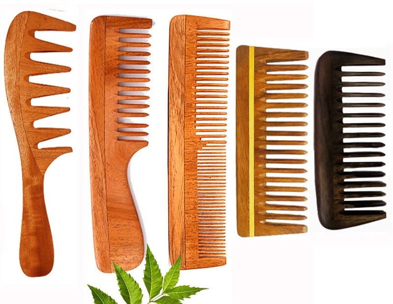 Rufiys Wooden Comb for Women Men Hair Growth Neem Wood Comb Wide Tooth Hair Comb Dandruff Comb Pack of 5 - Image 2
