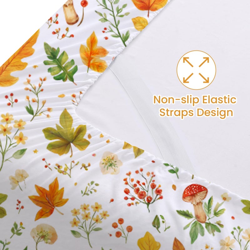 Softan Orange Floral King Size Sheet Set, Printed Microfiber Fitted Sheet with 15" Deep Pockets & Non-Slip Straps, Maple Leaves & Mushroom Patterned Bedding Sheets & Pillowcase Set - Image 2