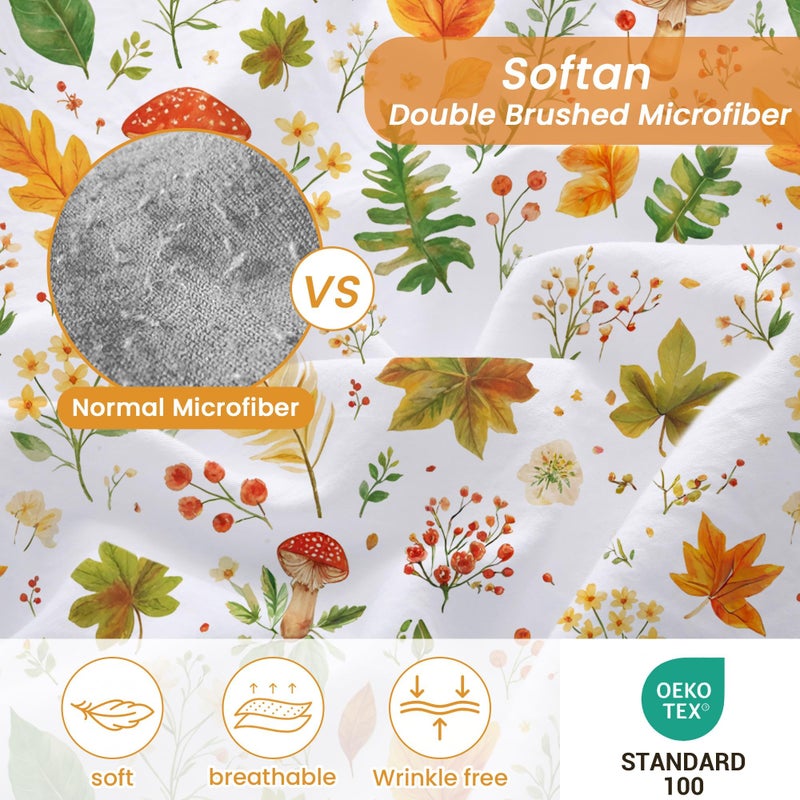 Softan Orange Floral King Size Sheet Set, Printed Microfiber Fitted Sheet with 15" Deep Pockets & Non-Slip Straps, Maple Leaves & Mushroom Patterned Bedding Sheets & Pillowcase Set - Image 3