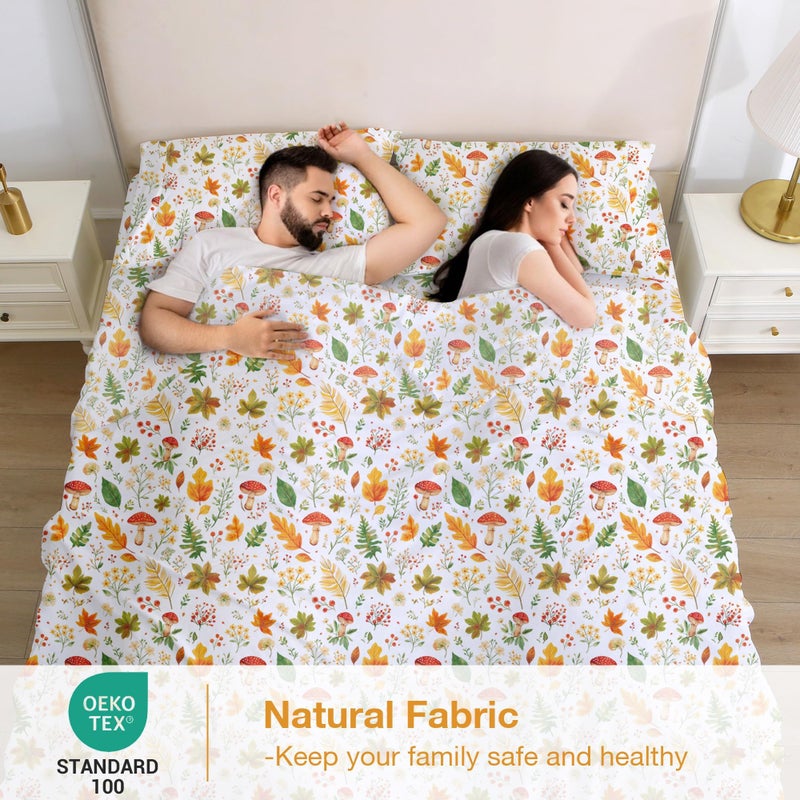 Softan Orange Floral King Size Sheet Set, Printed Microfiber Fitted Sheet with 15" Deep Pockets & Non-Slip Straps, Maple Leaves & Mushroom Patterned Bedding Sheets & Pillowcase Set - Image 5